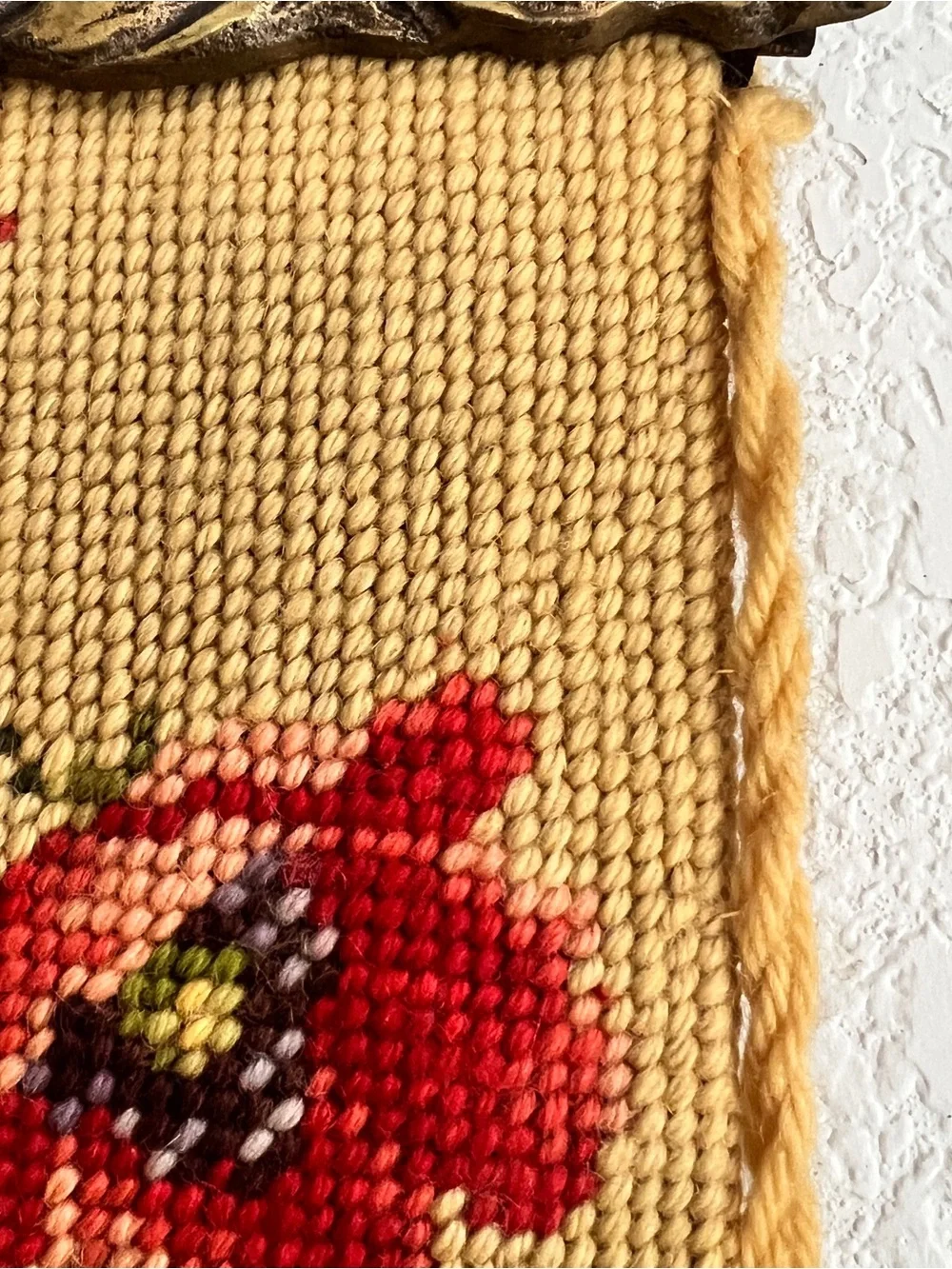 Vintage Floral Needlepoint Bell Pull Wool Velvet  Brass 63”